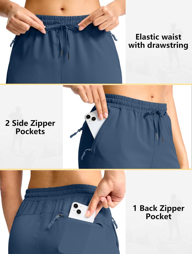 SANTINY Women's 13" Long Hiking Shorts with 3 Zipper Pockets Quick Dry Lightweight Bermuda Knee Length Shorts for Women(Dusty Blue_L)