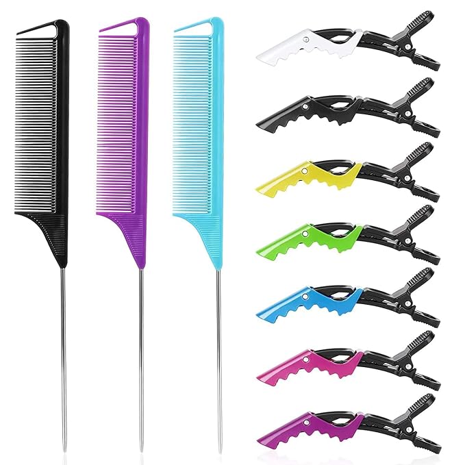 Rat Tail Comb Hair Clips Set: 3Pcs Rat Tail Combs, 7Pcs Alligator Clips (Black, Purple, Blue)