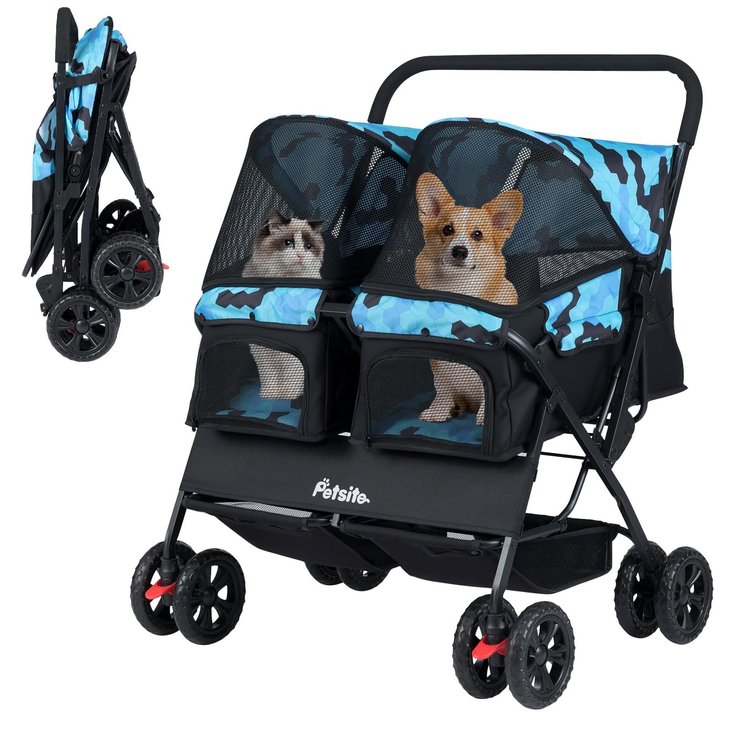 PETSITE Double Pet Stroller, Foldable Double Dog Stroller with 2-Seater Carrier, Adjustable Sunshade, Removable Pad, Safety Belt, Storage Basket, 4-Wheel Pet Travel Cart for 2 Puppies & Cats (Navy)