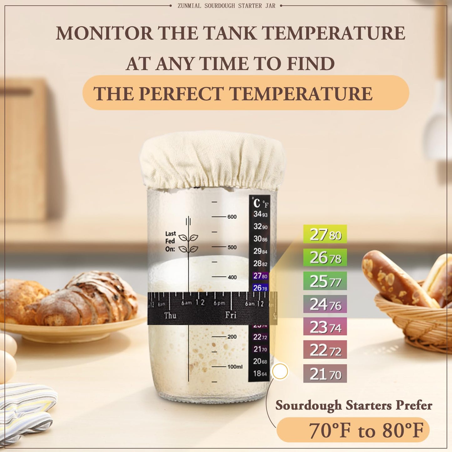 Zunmial Sourdough Starter kit, 34OZ Sourdough Starter Jar with Date Marked Feeding Band, ThermometerCloth Cover & Metal Lid, Reusable Sourdough Bread Baking Supplies, Home Baking Gifts
