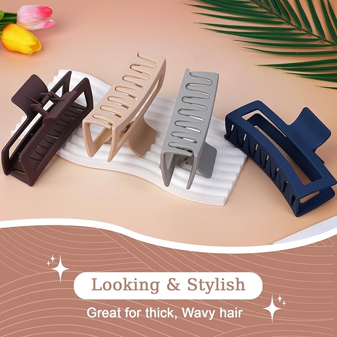 5 Inch XL Jumbo Claw Clips for Thick and Long Hair, 4-Pack Oversized Matte Rectangle Hair Clips for Women, Strong Hold Non-Slip Jaw Clips, Dark Shades