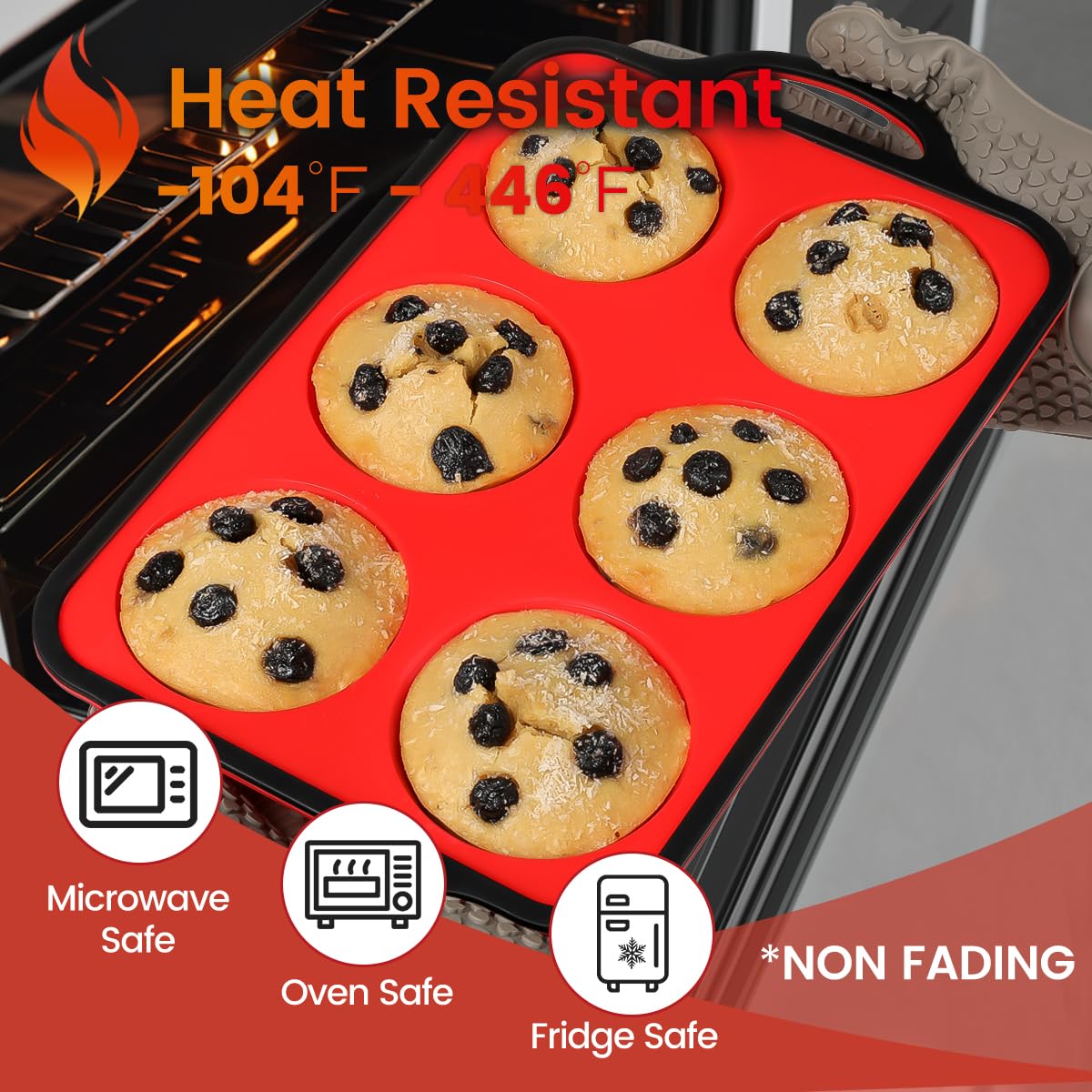 Jumbo Muffin Pan, 3.5 Inch Large Muffin Pan with Metal Reinforced Frame 6 Cup Silicone Jumbo Cupcake Pans for Baking Easy to Handle 2 Pack Red Black Brim