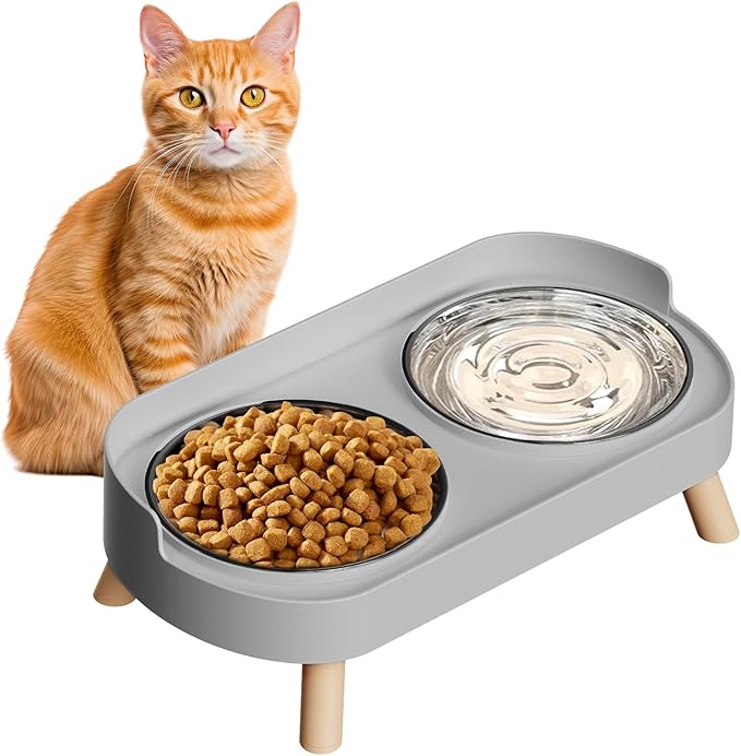 Elevated Cat Bowl, Raised Cat Food and Water Bowl Set for Indoor Cats, Splash Proof with 5 Stainless Steel Pet Food Bowls for Cats and Puppies, Whisker Fatigue and Dishwasher Safe - Grey