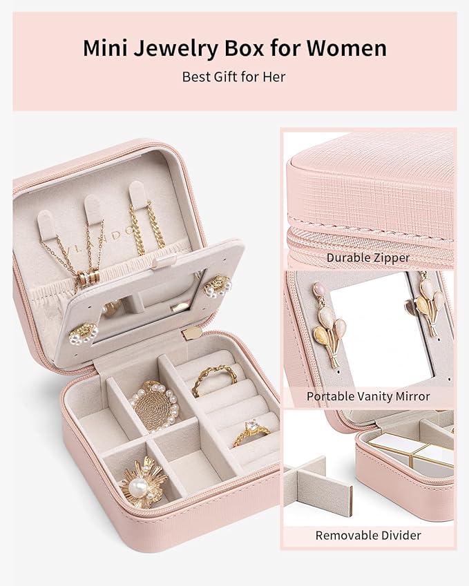 VLANDO Valentines Day Gifts - Small Travel Jewelry Box Organizer -Jewelry Display Case for Girls Women Bridesmaid Gift Rings Earrings Necklaces Storage with Mirror Pink
