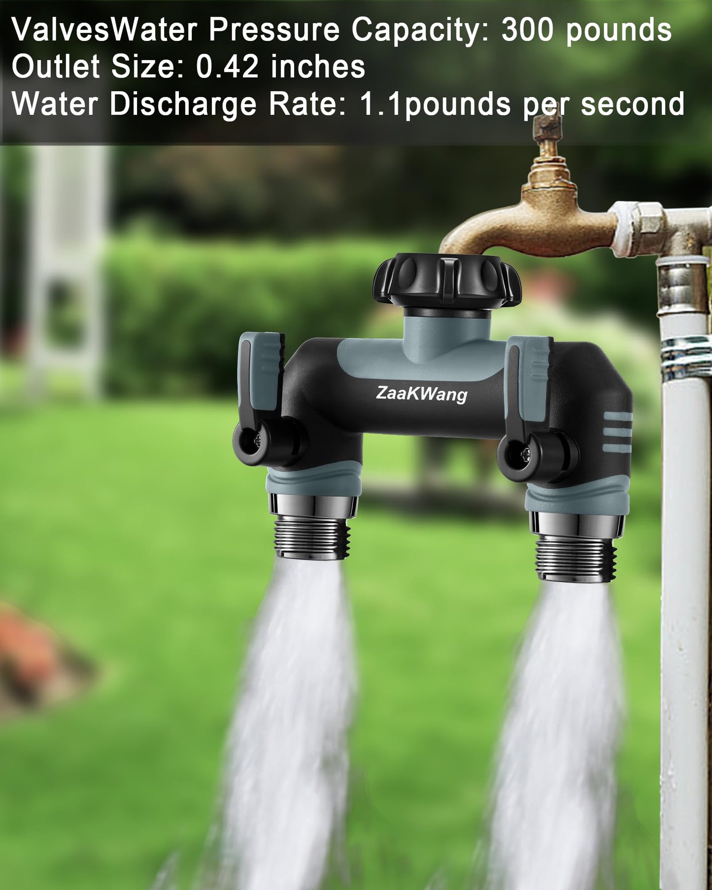 ZaakWang Garden Hose Splitter 2 Way, Heavy Duty Water Hose Spigot Bib Splitter, Outdoor Faucet Splitter with Shutoff Valve, T Adapter Connector with 3/4 - Inch GHT Thread (Grey)