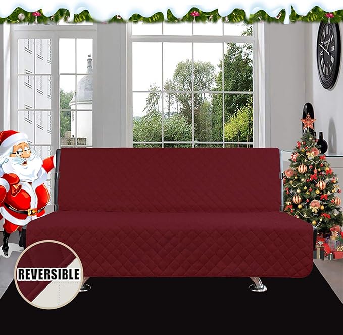 Easy-Going Futon Slipcover - Reversible Sofa Cover, Armless, Water Resistant - Protects Furniture from Pets & Kids - Christmas Red/Ivory