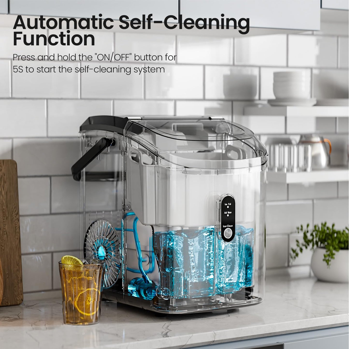 Nugget Ice Maker Countertop with Self-Cleaning Function, 35lbs/Day, Portable Ice Machine with Handle, One-Click Operation, Compact Design, Sonic Pellet Ice for Home(Red)