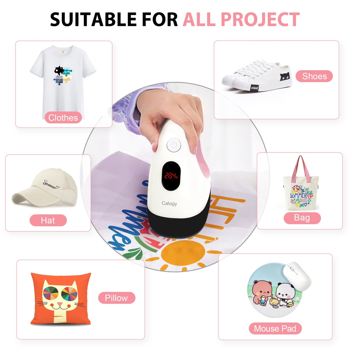 Calogy Mini Heat Press, Heat Transfer Machine, Constant Temp Control, Insulated Safety Base, Fits for Crafts, T-Shirt, Hat, Cap, Pillows(White Pink)