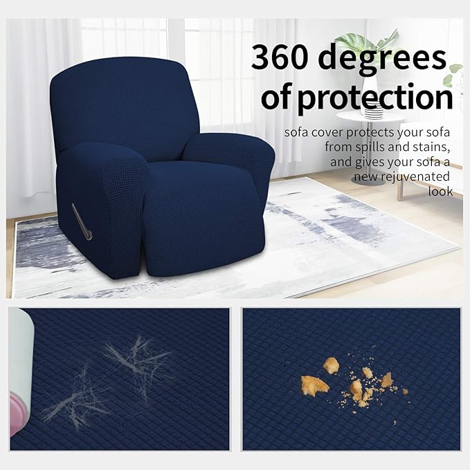 Easy-Going 4 Pieces Oversized Recliner Stretch Sofa Slipcover Sofa Cover Furniture Protector Couch Soft with Elastic Bottom Polyester Spandex Jacquard Fabric Small Checks Navy, X-Large
