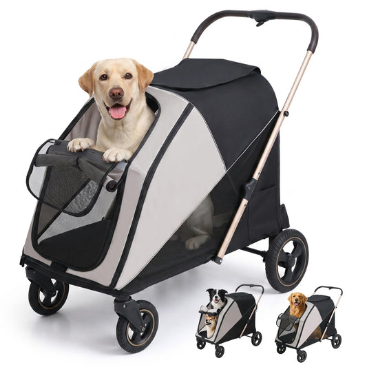 Dog Stroller for Large & Medium Dogs, One-Click Folding 4 Wheel Pet Stroller for Large Dogs up to 80lbs, Easy Fold Dual Entry with One-Foot Brake, Reflective Tape Design with Breathable mesh