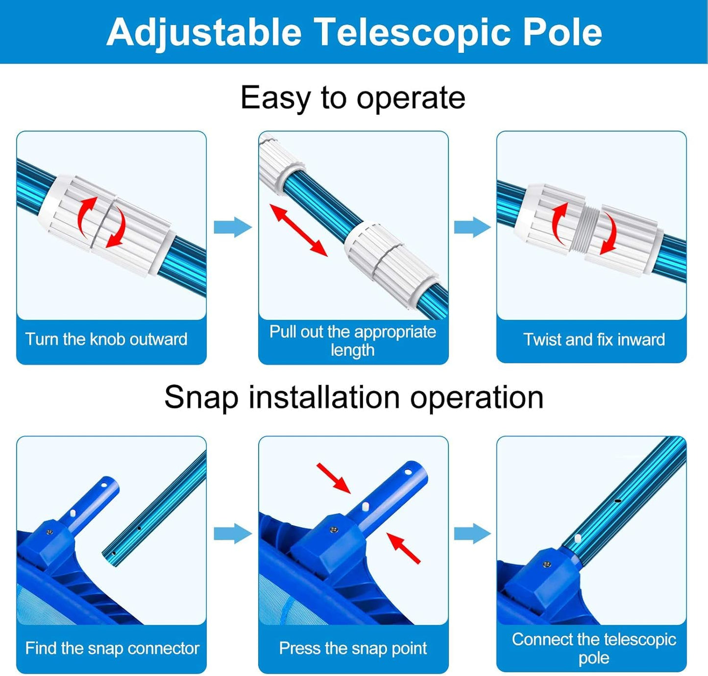 CKE Upgraded 16.5 Feet Thicken 1.3mm Blue Aluminum Telescoping Swimming Pool Pole,Adjustable 3 Piece Expandable Step-Up,Attach Connect Skimmer Net,Rakes,Brushes,Vacuum Head with Hoses, Universal 1.25"
