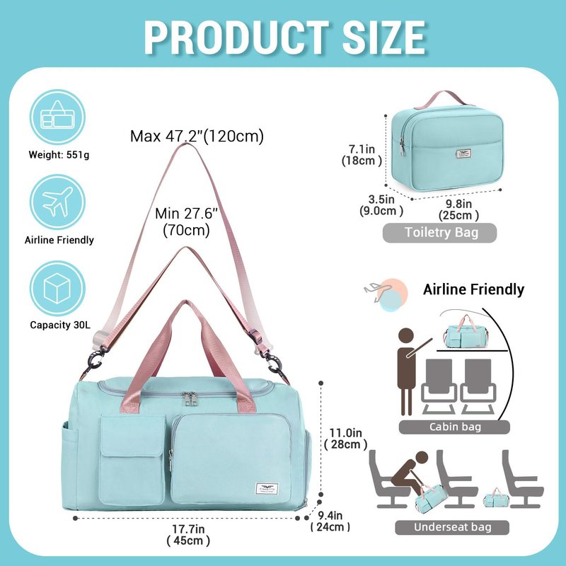 FIORETTO Women's Gym Duffle Bag with Shoes Compartment, 30L Capacity, Ideal for Travel, Gym, Sports, Duffel, Weekender, with Toiletry Bag, Green & Pink