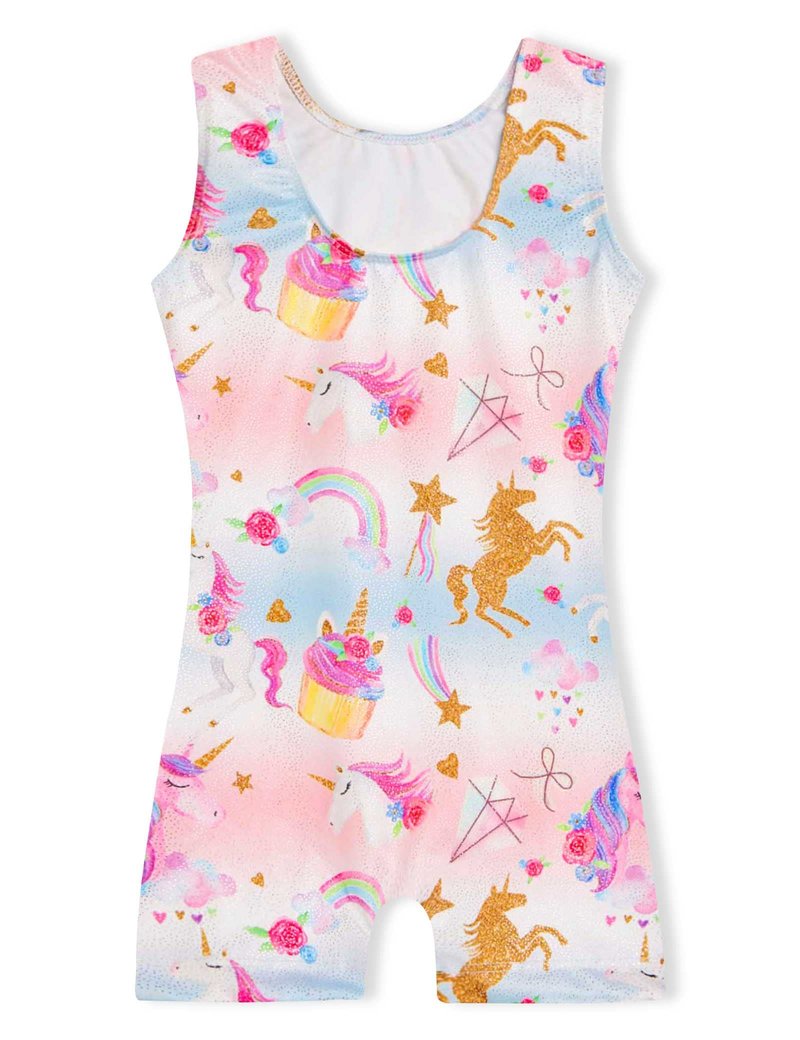 Domusgo Leotard for Girls Gymnastics Size 3t 4t Shiny Sleeveless Rainbow Unicorn Biketard with Shorts
