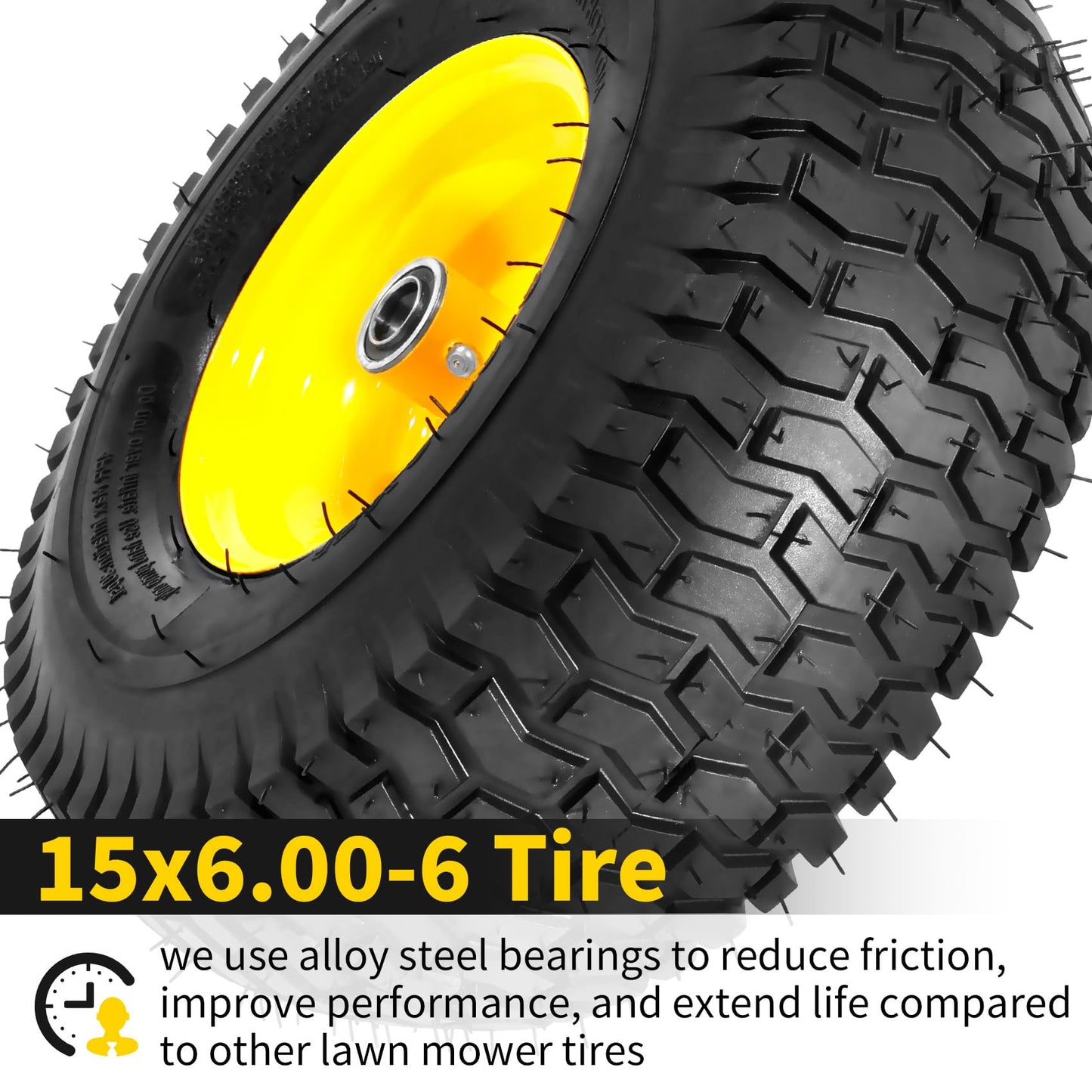RONPOW 15x6.00-6nhs Lawn Mower Tires and Wheels, Riding Lawn Mower and Tractor Front Pneumatic Tire Replacement Assembly, Compatible with john deere Mower, 3" Offset Hub, 3/4" Bearing, 2Pack Yellow