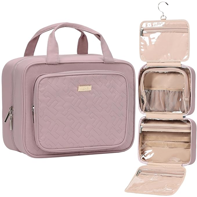 NISHEL Travel Toiletry Bag for Women, Makeup Essentials Organizer, Hanging Case for Accessories, Cosmetics, Medium Size, Peach-Pink
