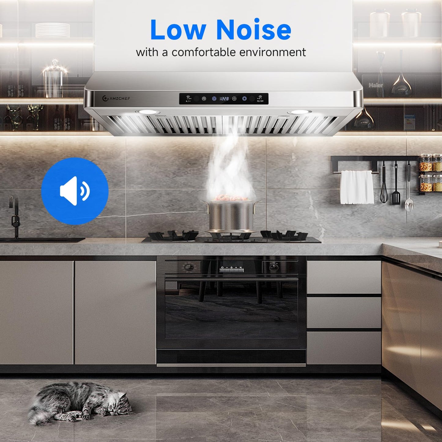 AMZCHEF 30" Under Cabinet Range Hood with Dual Fans System-1050CFM Ultra-Powerful Ventilation,3 Speed Stainless Steel Kitchen Hood with Touch/Remote/Gesture Control, Timer & LED Lights, Baffle Filters