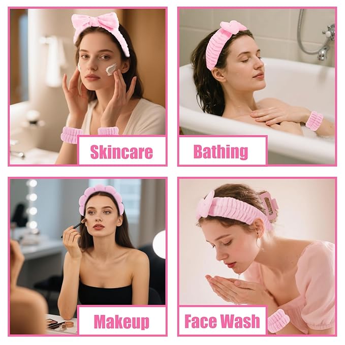 Canitor Spa Headband Wrist Bands Hair Clips Set Skincare Makeup Self Skin Care for Women Washing Face Teens Teenager Tween Clean Girl Gifts Cute Trendy Stuff Things Pink Stocking Stuffers