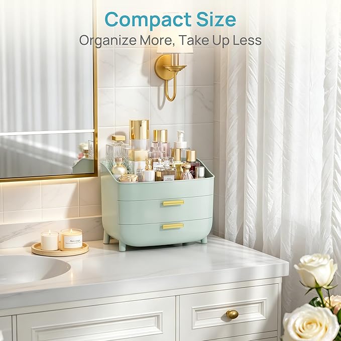 Vtopmart 3-Tier Skincare Makeup Organizer with Drawers for Vanity and Bathroom Countertop, Large Cosmetic Storage Box Case for Dresser, with Non-Slip Base, Green