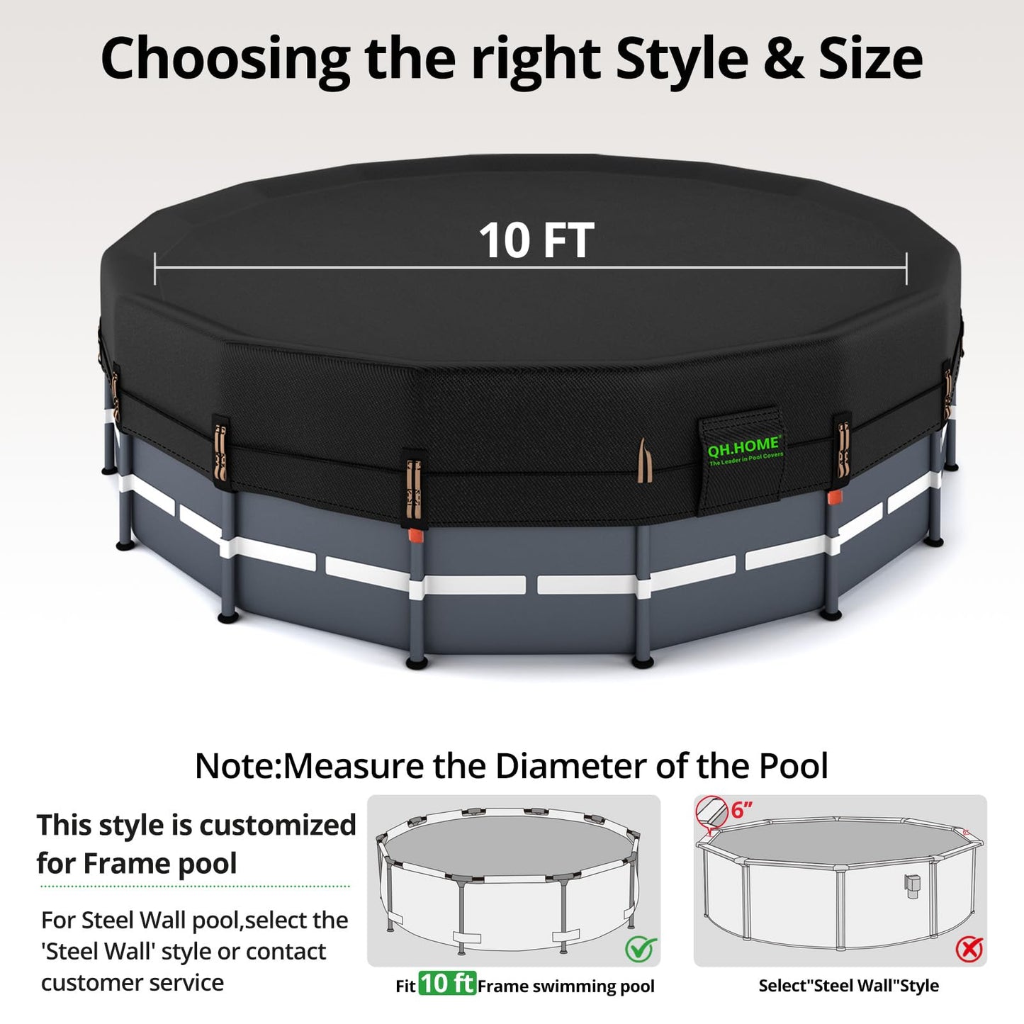 QH.HOME 550D 10 ft Pool Cover Round[Upgraded Tear Resistant & Quadruple Windproof] wth Pre-Installed Patented Winch and Rope, Pool Covers for Above Ground Pools-Snug Fit & Waterproof Protection