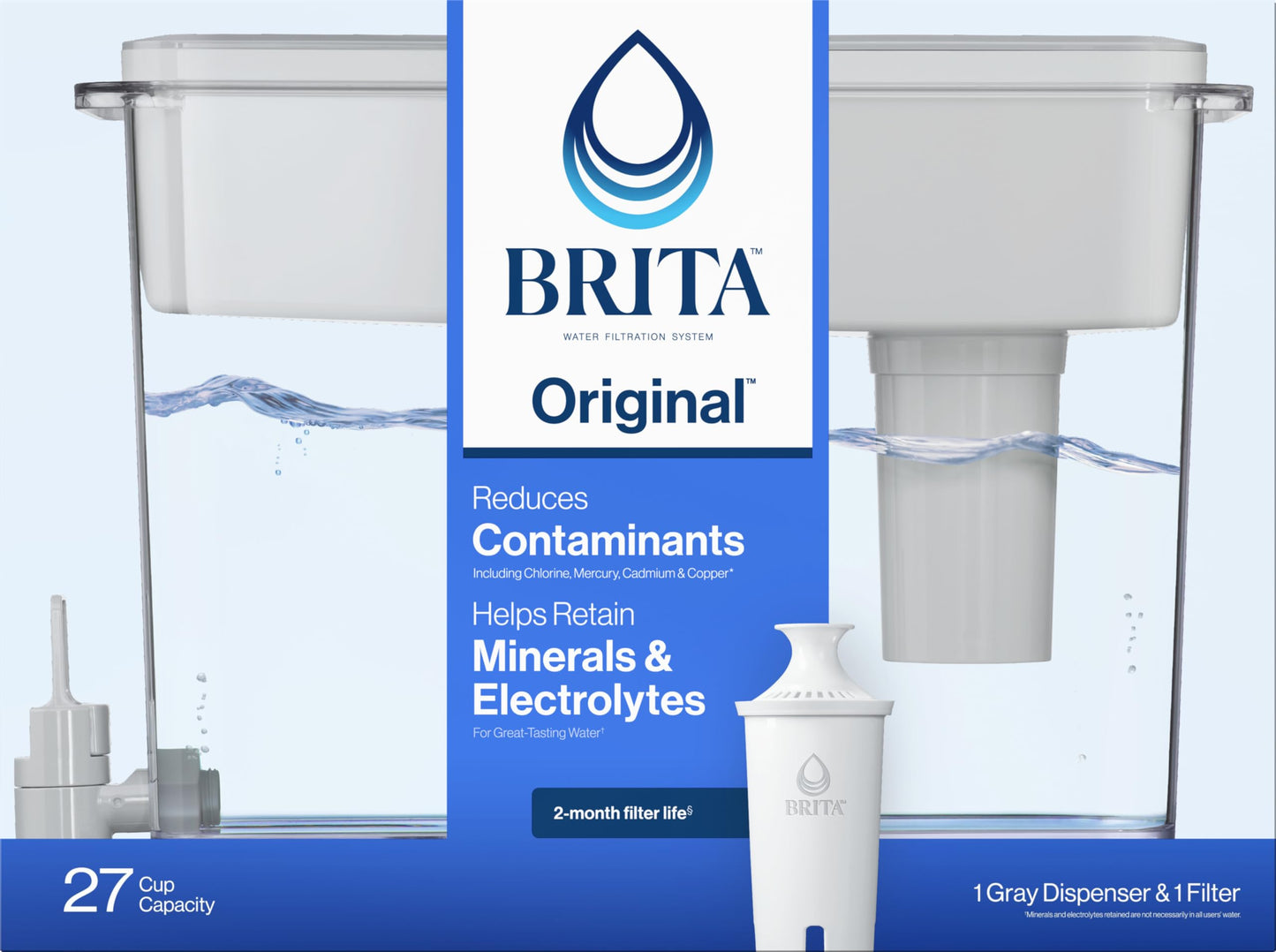 Brita UltraMax Large Water Dispenser With Standard Filter, BPA-Free, Replaces 1,800 Plastic Water Bottles a Year, Lasts Two Months or 40 Gallons, Includes 1 Filter, Kitchen Accessories, Large - 27-Cup