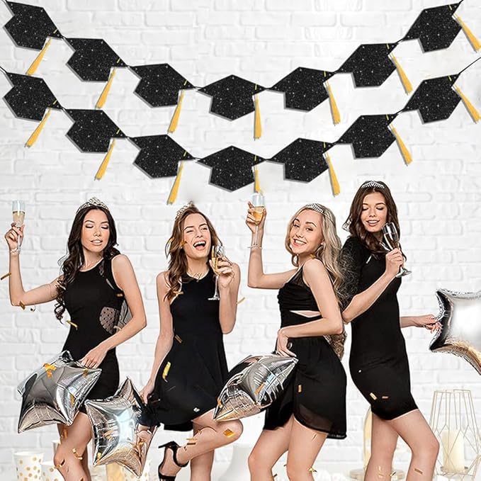 Graduation Decoration Banners 2026 Black Glitter Graduation Hats with Tassel Banners Garlands Class of 2026 Banners for College High School Graduate Party Decorations