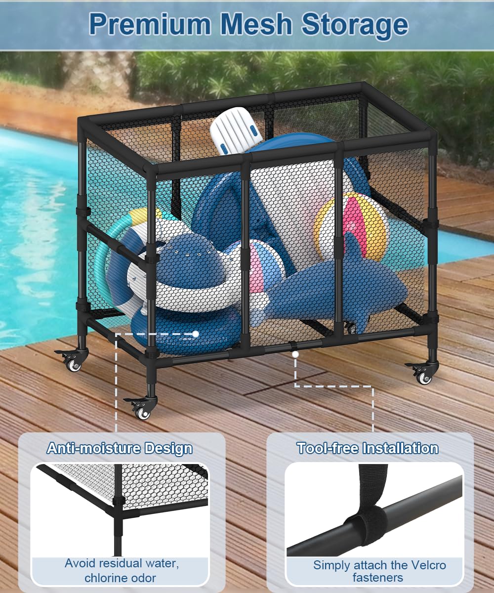 Ardier 180 Gallon Pool Float Storage, Swimming Pool Storage Bin for Swimming Acessories, Outdoor Rolling Pool Toy Organizer Cart for Pool Noodles, Life Vests, Beach Essentials, Patio Furniture, Black