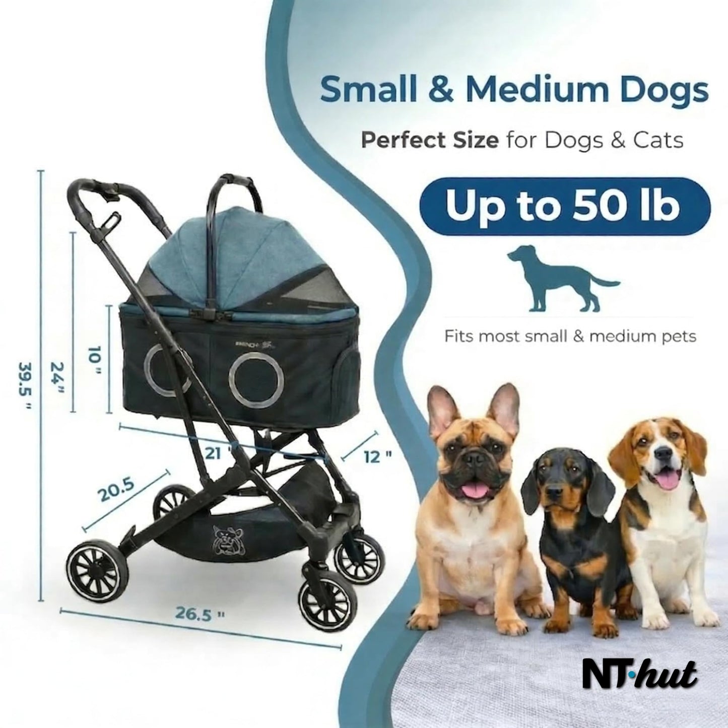 Pet Stroller for Small & Medium Dogs and Cats Up to 50 lbs, 3-in-1 Lightweight Dog Stroller with Detachable Carrier, 360° Mesh Windows, One-Click Fold, Storage Bag & Basket, Cup Holder, All-Terrain