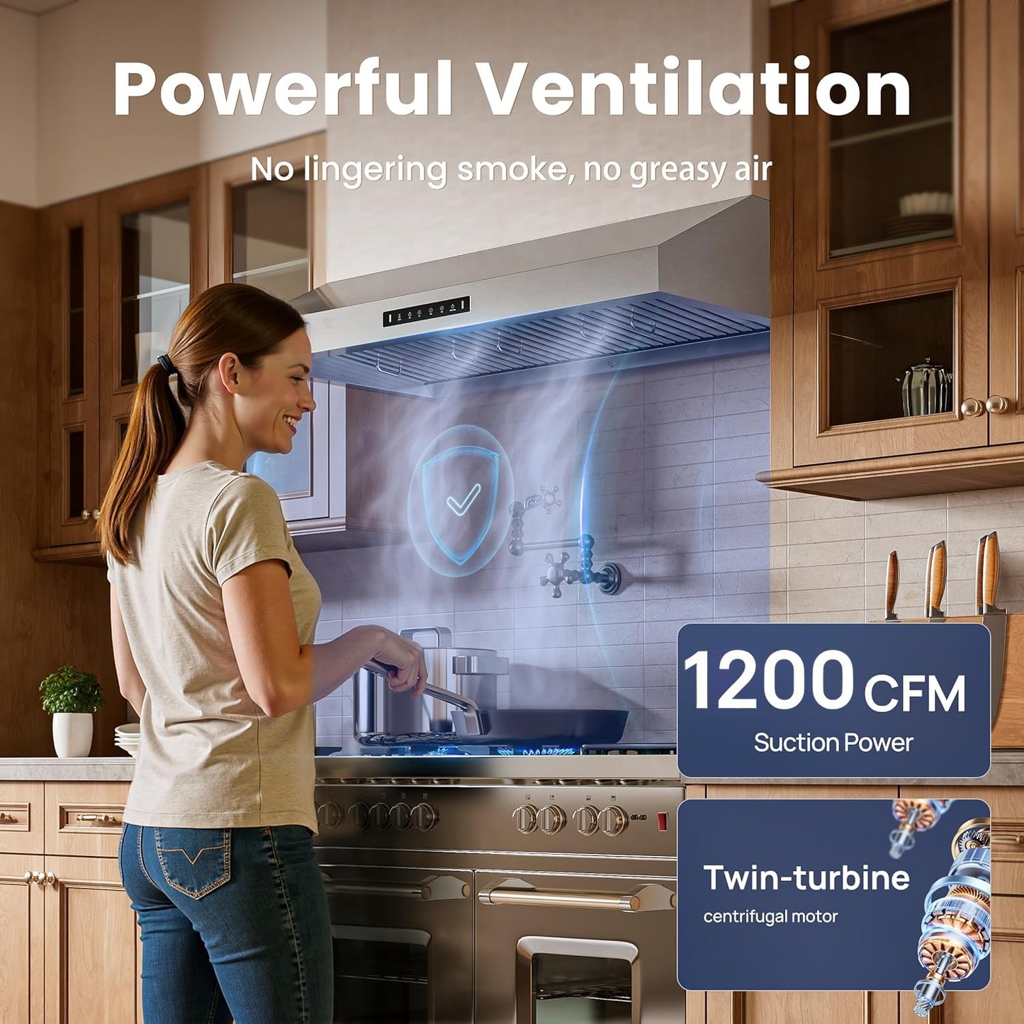 VIKIO HOME 42 Inch Under Cabinet Range Hood with 1200CFM, Range Hood,Stainless Steel Vent Hood with 3 Speed,1.5 Sones Quiet Dual Turbine Motor,Safe Baffle Filters for Kitchen Stove