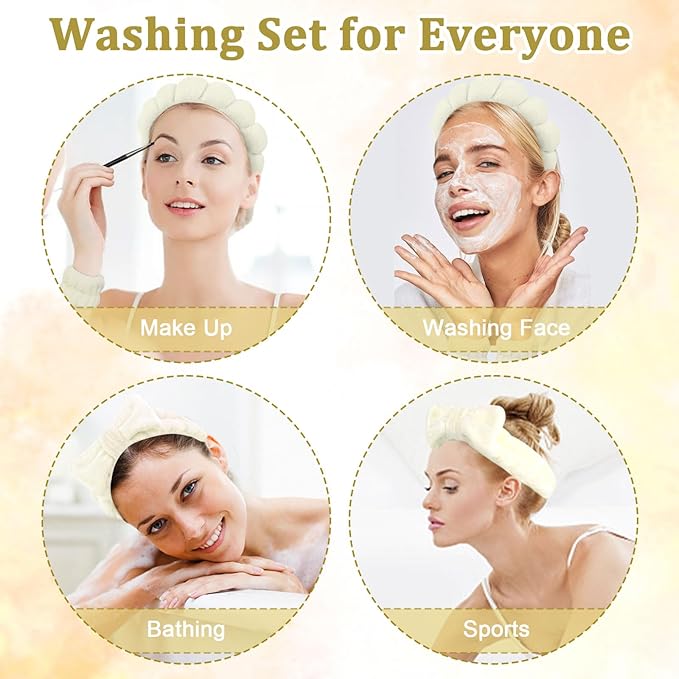 6 Pcs Puffy Spa Headband and Wristbands, Beige, Hairband for Washing Face Skincare, Absorbent Headband for Shower, Yoga, Makeup, Unisex-Adults