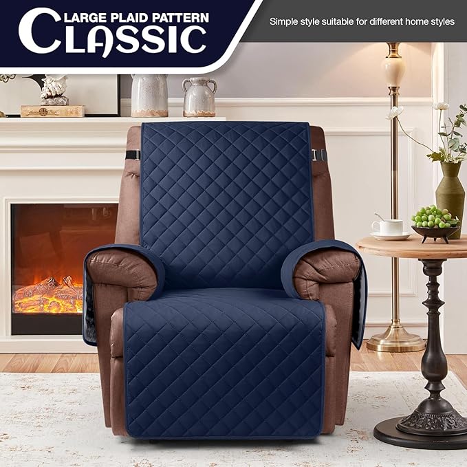 KinCam 100% Waterproof Recliner Chair Cover, Reclining Couch Covers for Pets, Dogs, Recliner Couch Slipcover Furniture Protector with Elastic Straps for Kids(23.6", Dark Blue)