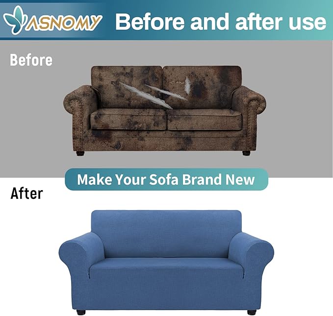 Asnomy Sofa Covers for 2 Cushion Couch Stretch loveseat Covers Slipcovers, Pet Protector Furniture Covers for Dogs Cats Spandex Jacquard Fabric Small Checks （Medium，River Blue）
