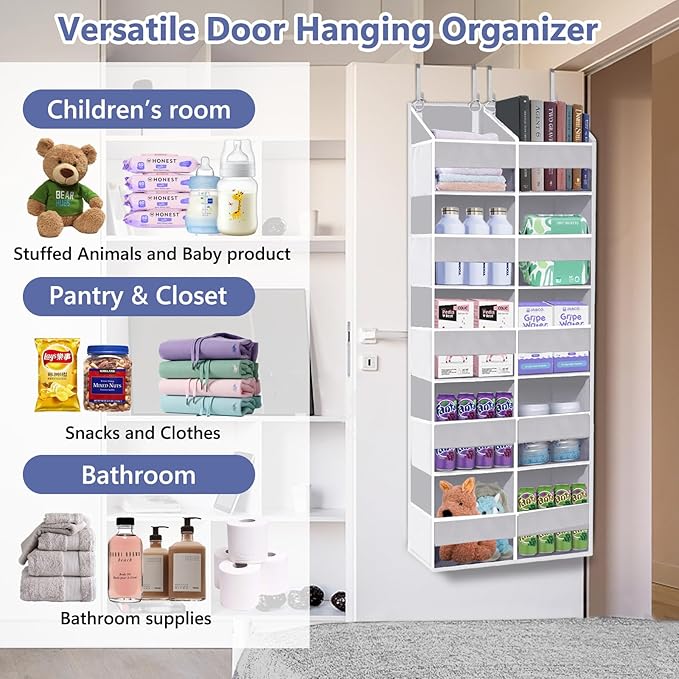 UVIAHOMI Heavy Duty Over The Door Organizer 5 Tiers, Extra Large Behind Door Storage of 10 Front & 10 Mesh Pockets, 80lb Weight Capacity, Hanging Doors Storage for Closet Bedroom Nursery, Light Gray