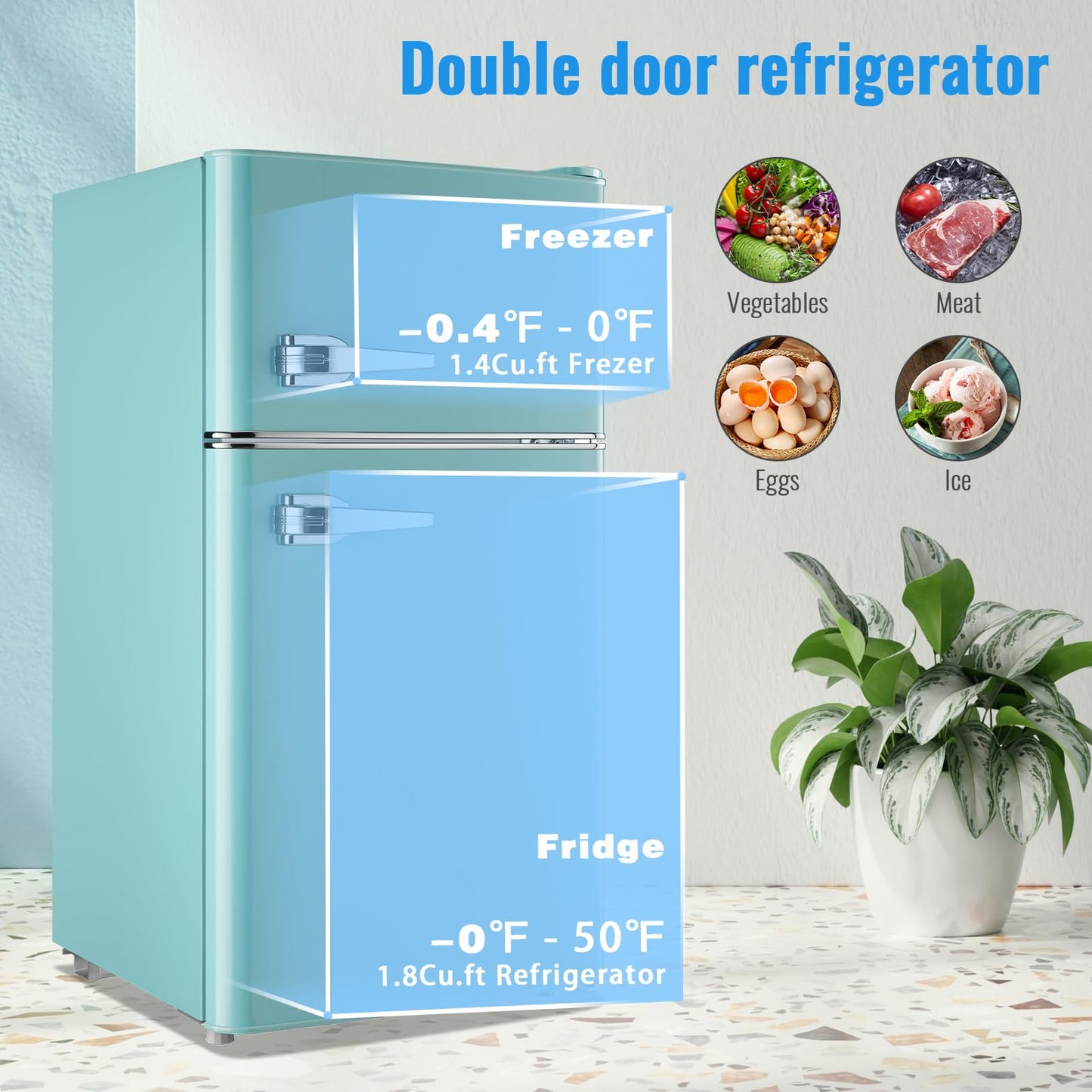 WANAI 3.5 Cu.ft Retro Mini Fridge with Freezer Small Retro Dual Door Refrigerator Freestanding Compact Refrigerator with Freezer 2 Door Mini Fridge for Bedroom, Dorm, Office Blue