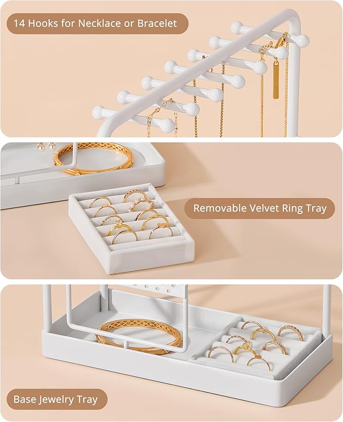 ProCase Jewelry Stand Holder Organizer, Jewelry Display Storage with Ring Tray, No-Assembly Needed, Rotating Earring Bracelet Necklace Holder, Christmas Gifts Room Dorm Decor for Teen Girls -White