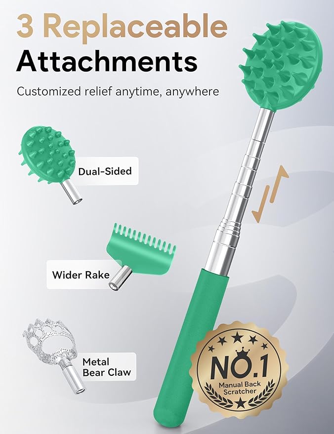 TUKUOS Telescoping Back Scratcher with 5 Detachable Scratching Heads, Valentines Day Gifts for Him Men, Anniversary Birthday Gifts for Men Women Back Scratcher for Men/Dad/Women/Adults - Cyan