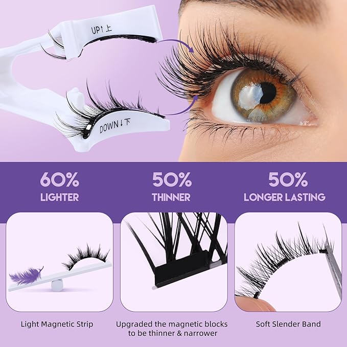 B&Qaugen Reusable Magnetic Lashes Magnetic Eyelashes Natural Look False Eyelashes with Applicator Easy to Wear and Remove Glue-Free Pestañas Magnéticas