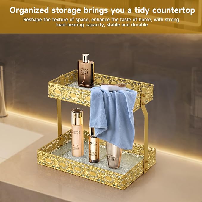 xiaojuande-Two Layer Glass Storage Tray with Portable Dressing Table Skin Care Product Organization Rack Corner Storage Rack for Bathroom Counter High-end Light Luxury Display Plate - Gold (Gold)