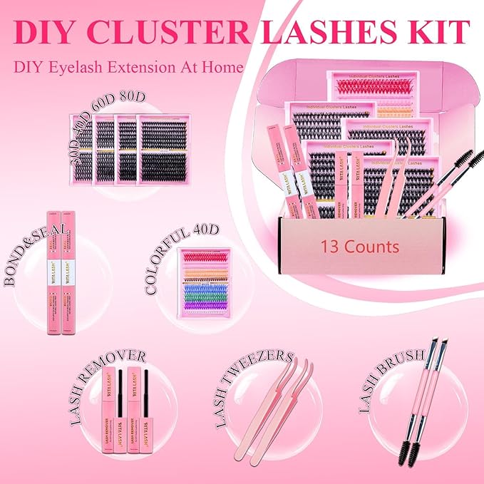 Lash Clusters Kit Eyelash Clusters Kit 4 Boxes+1 Colorful Cluster Eyelash Extensions PestaÃÂ±as Postizas Naturales with Lash Bond and Seal*2,Remover*2,Tweezers*2,Mascara Brush*2(13 Counts Lash Kit-4)