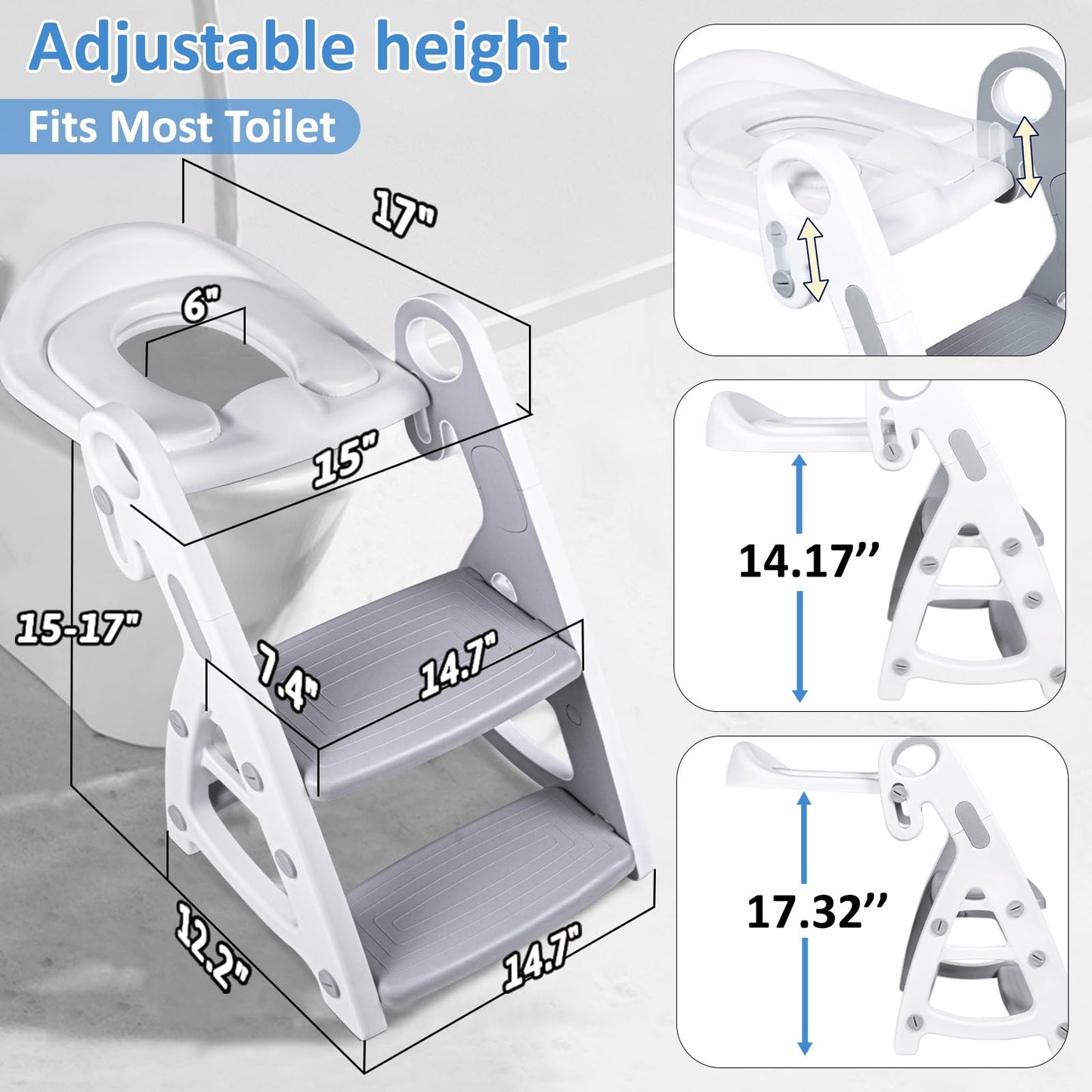 Potty Training Seat, Primlect Upgrade Ultra-Stable Toddler Toilet Seat for Kids Boys Girls, 2 in 1 Potty Training Toilet with Step Stool, Adjustable Seat and Ladder, Non-Slip Pad, Splash Guard (Grey)
