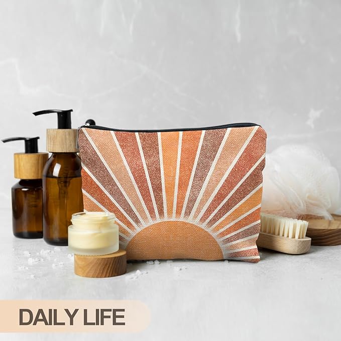 Boho Makeup Bag - Vintage Neutral Sun Cosmetic Bags for Women, Summer & Beach Use