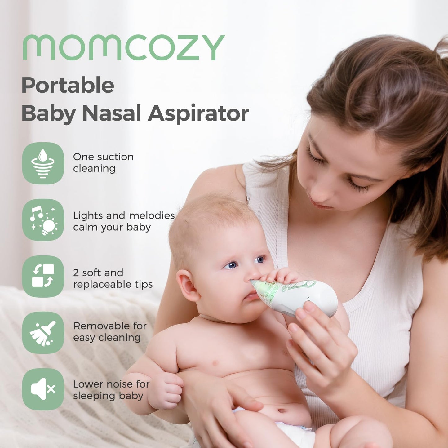 Momcozy Baby Nasal Aspirator, 3 Suction Levels Electric Nasal Aspirator for Baby, Portable Baby Nose Aspirator with Light Soothing and Music