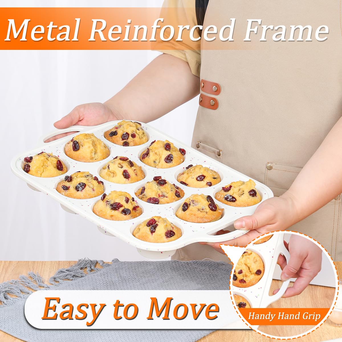 Silicone Muffin Pans for Baking, Metal Reinforced Frame Regular 12 Cups & Mini 24 Cups Cupcake Pan Set Nonstick Muffin Pan for Homemade Baking Easy to Handle