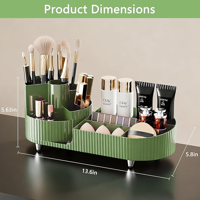 Rotating Makeup Organizer for Vanity with Brush Holder, Cosmetic Makeup Storage Organizer, Large Spinning Makeup Skincare Organizer, Countertop Makeup Perfume Organizer, Lotions Display Case Green