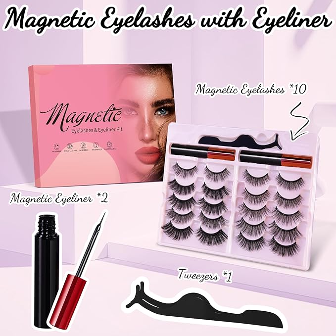 Magnetic Eyelashes with Magnetic Eyeliner Kit, Reusable Magnetic Lashes, 3D Natural Look False Eyelashes with Eyeliner and Tweezers