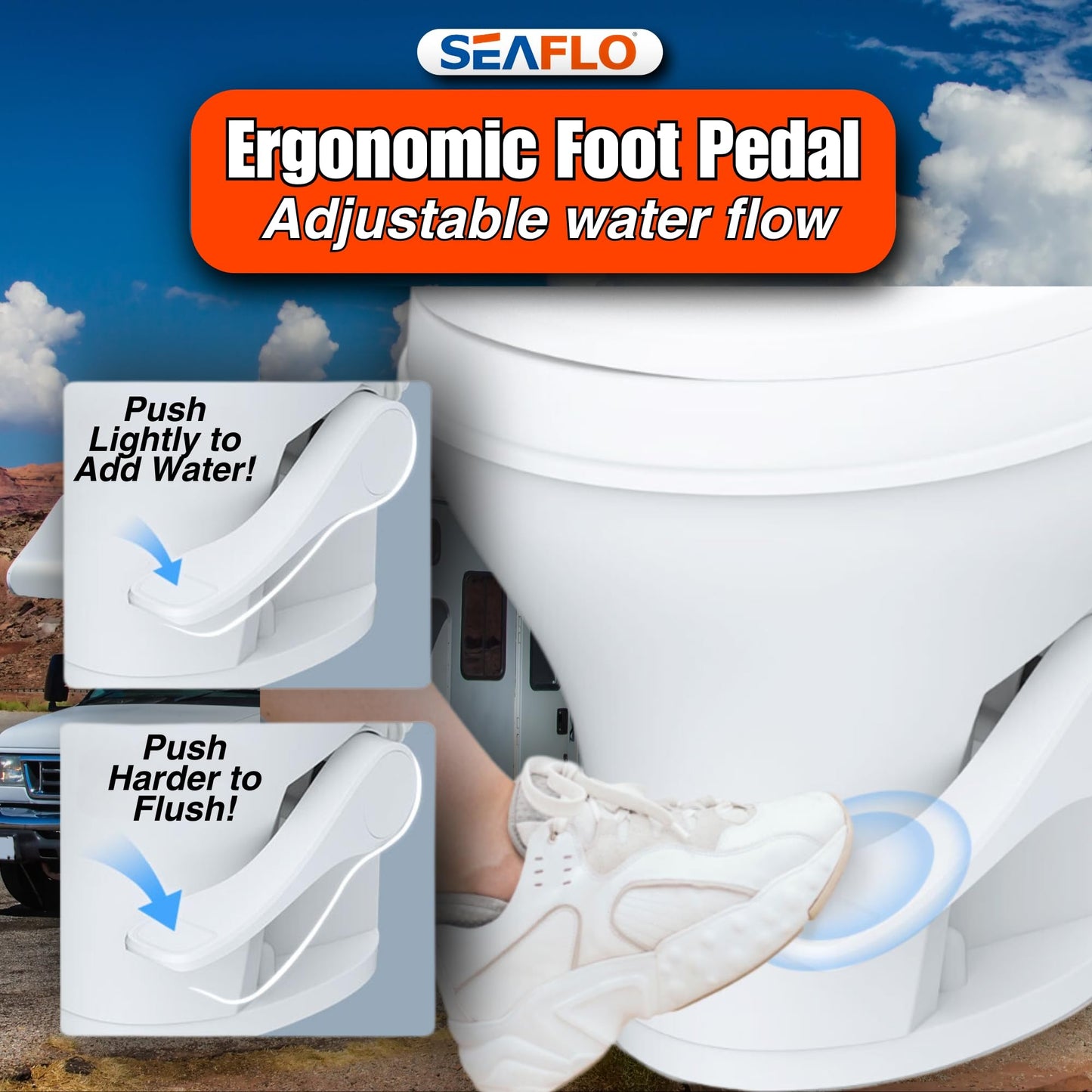 SEAFLO RV Toilet with Sprayer Attachment - White, 18.4” Residential Height, Gravity Flush Foot Pedal Camper Toilet Soft Close Seat Elongated Bowl Motorhome, 4-Year Warranty, SFRTPH-01-02