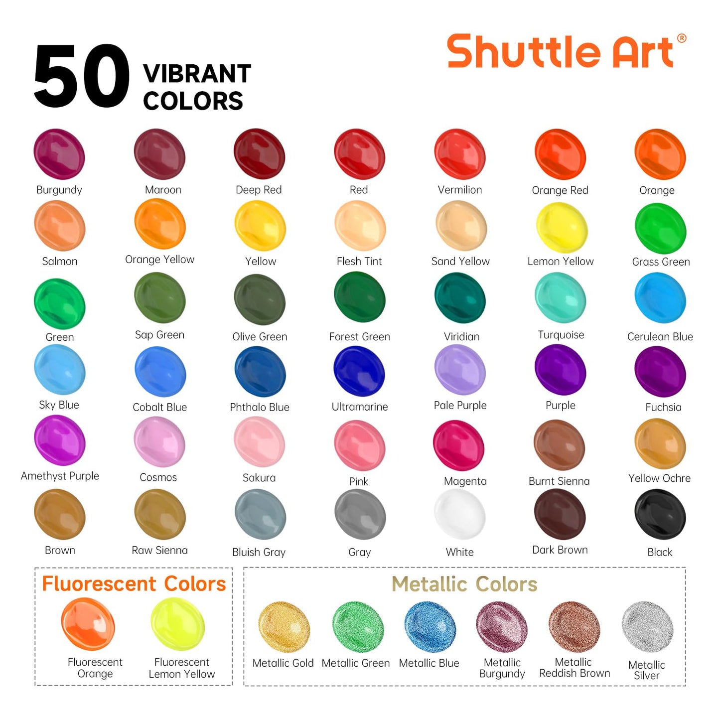 Shuttle Art Acrylic Paint, 50 Colors Acrylic Paint Set, 2oz/60ml Bottles, Rich Pigments, Water Proof, Premium for Artists, Beginners and Kids on Canvas Rocks Wood Ceramic Fabric