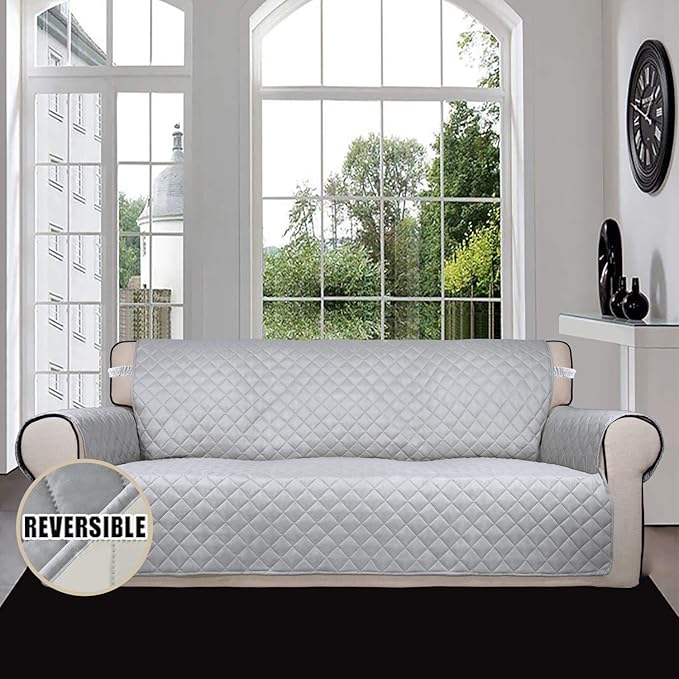 Easy-Going Reversible Oversized Couch Cover for 3 Cushion Couch Sofa Cover for Dogs Water Resistant Furniture Protector Cover with Foam Sticks for Pet (Oversized Sofa, Light Gray/Ivory)