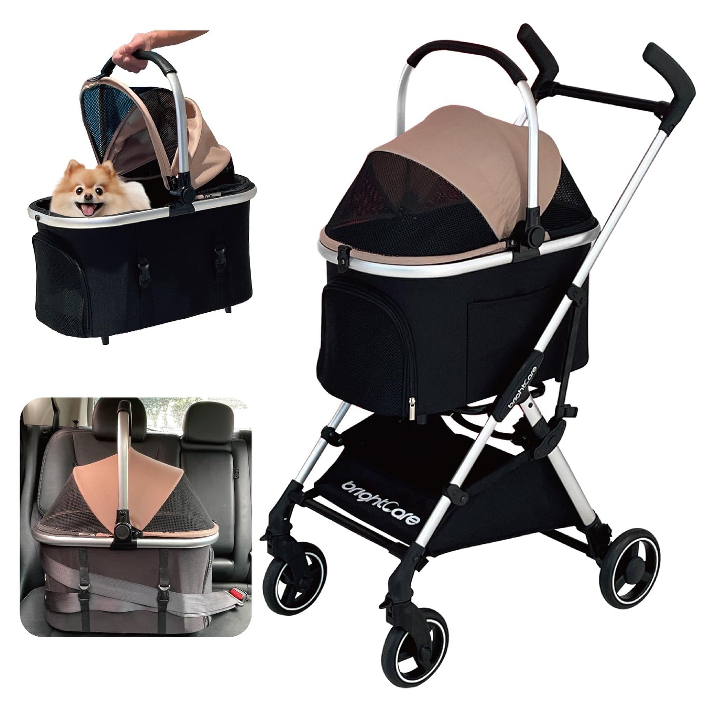 BRIGHTCARE Pet Stroller for Small Dogs & Cats Under 20 lb with Detachable Carrier, Converts to Car Seat, Ultra-Lightweight only 11lb, One Hand Fold