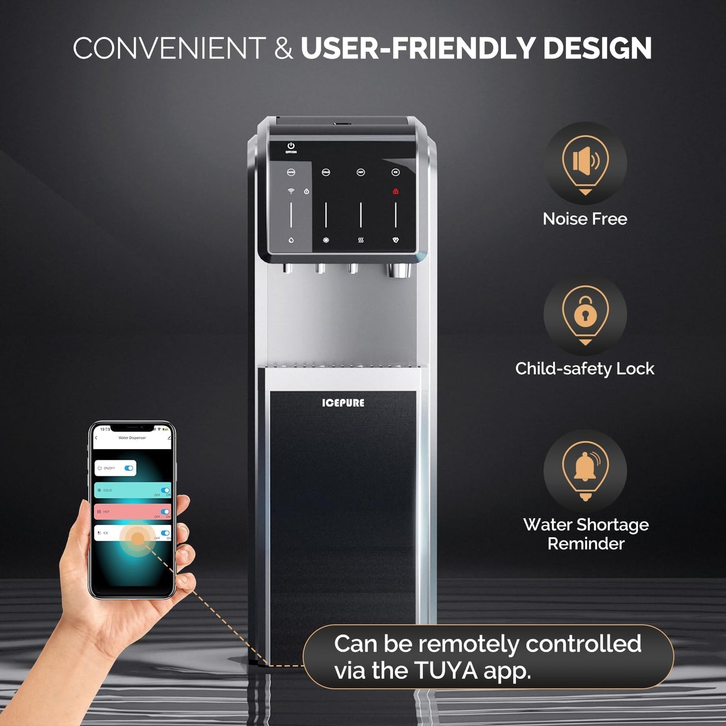 ICEPURE Water Dispenser with Ice Maker, 3-in-1 Hot and Cold Water Cooler with Built-in Bullet Ice Maker Machine, 26.5lbs/24H, Top Loading for 3-5 Gallon Bottle, Child Safety Lock, Bark Grey