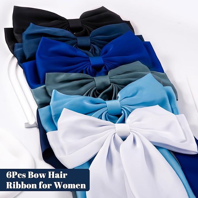 6Pcs Large Bows Hair Clips for Women Girls Long Tail Hair Ribbon Silky Satin Barrettes Coquette Bows Accessories (Black/Skyblue/White/Navyblue/Bluegrey/Royalblue)